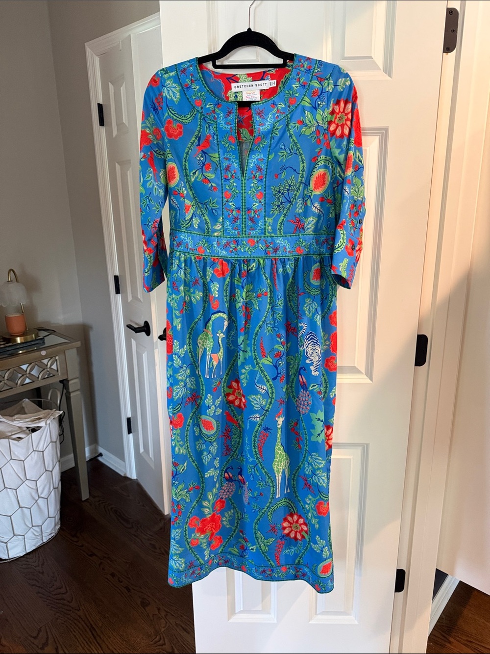 Gretchen Scott Designs Blue Midi Dress with Red & Green Floral Print
